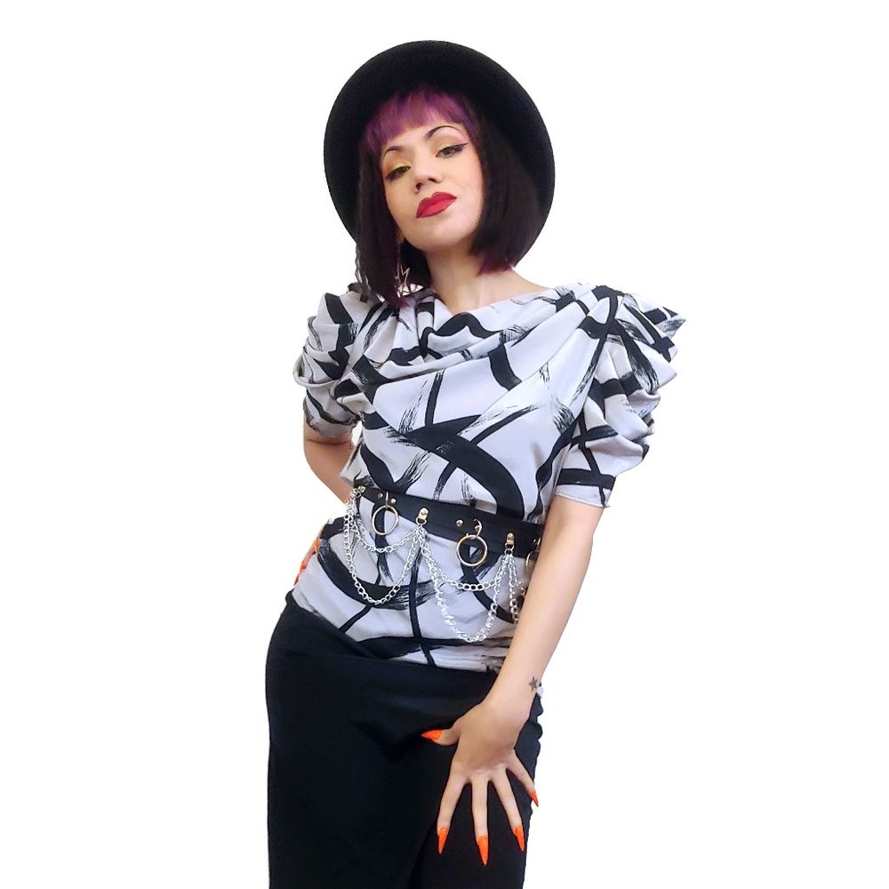 Vintage 1980s Black and Gray Abstract Cowl Neck Dress